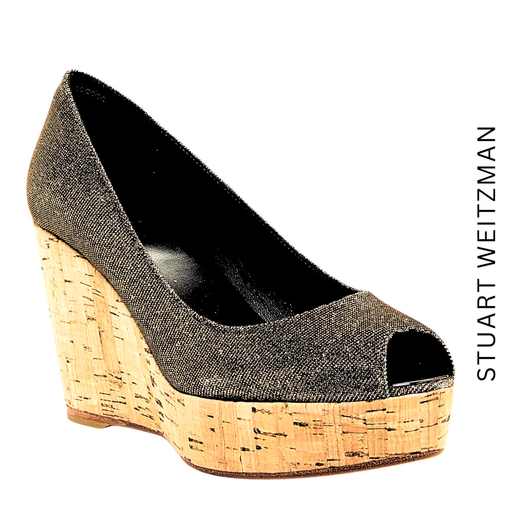 Stuart Weitzman Grey Lurex Glitter Anna Cork Wedge Platform Peep Toe Pumps 9.5